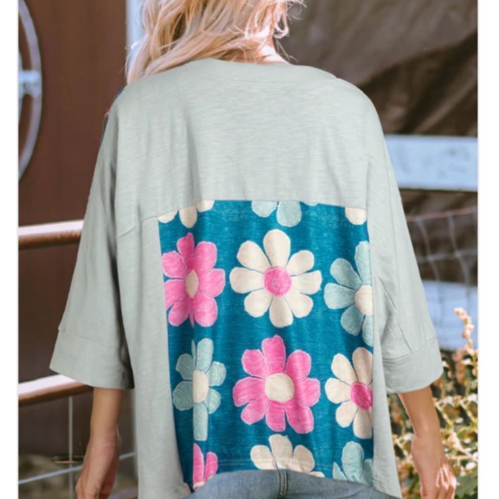 Green Flower Patchwork Exposed Seam Oversized Hig… - image 3